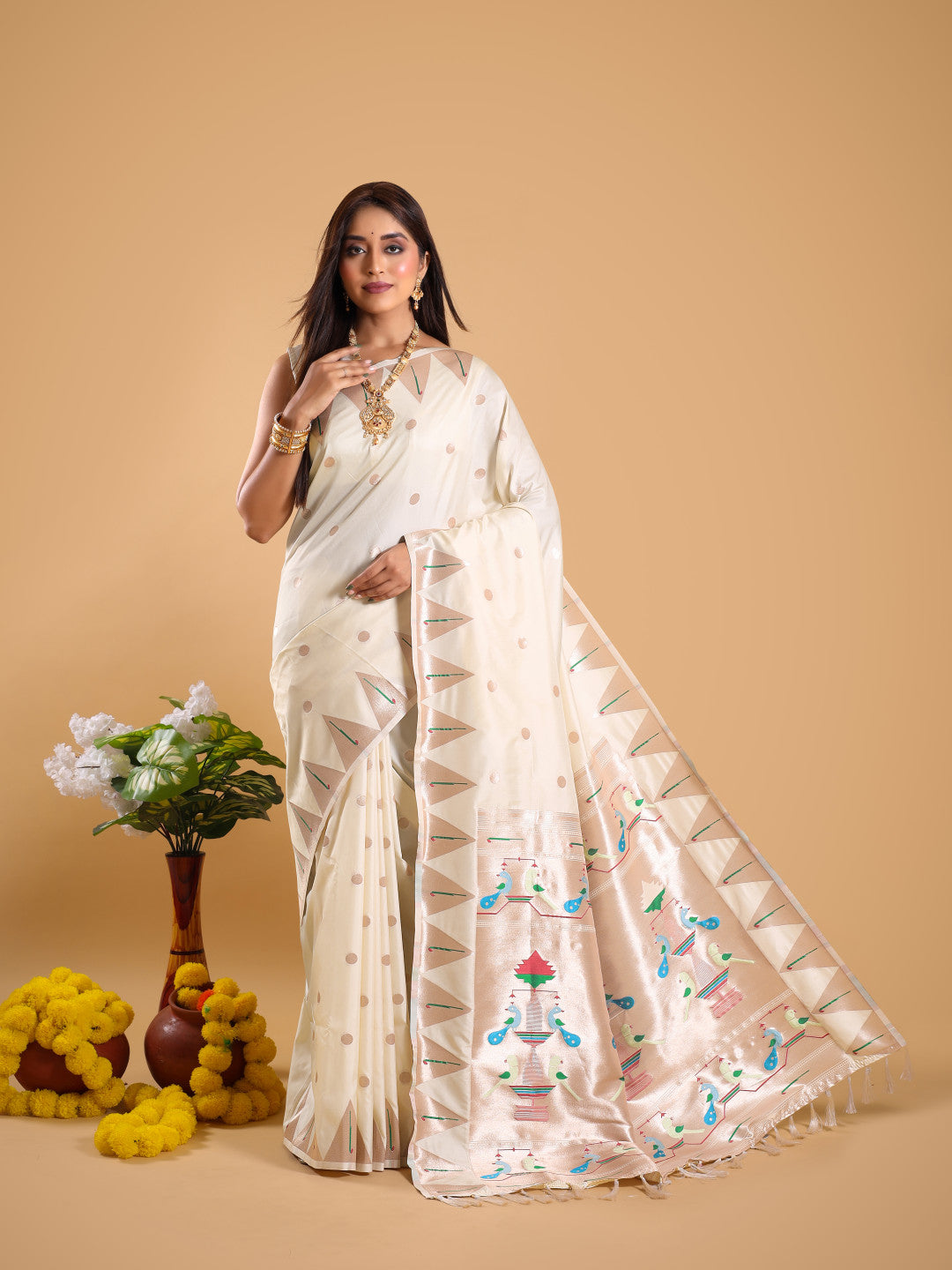 Off white color paithani silk saree with zari weaving work