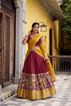 Traditional Kalamkari Printed Lehenga in Poly Chanderi with Zari Work & Georgette Dupatta