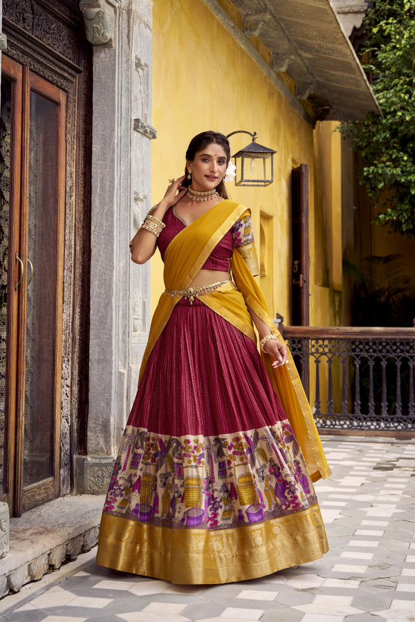 Traditional Kalamkari Printed Lehenga in Poly Chanderi with Zari Work & Georgette Dupatta