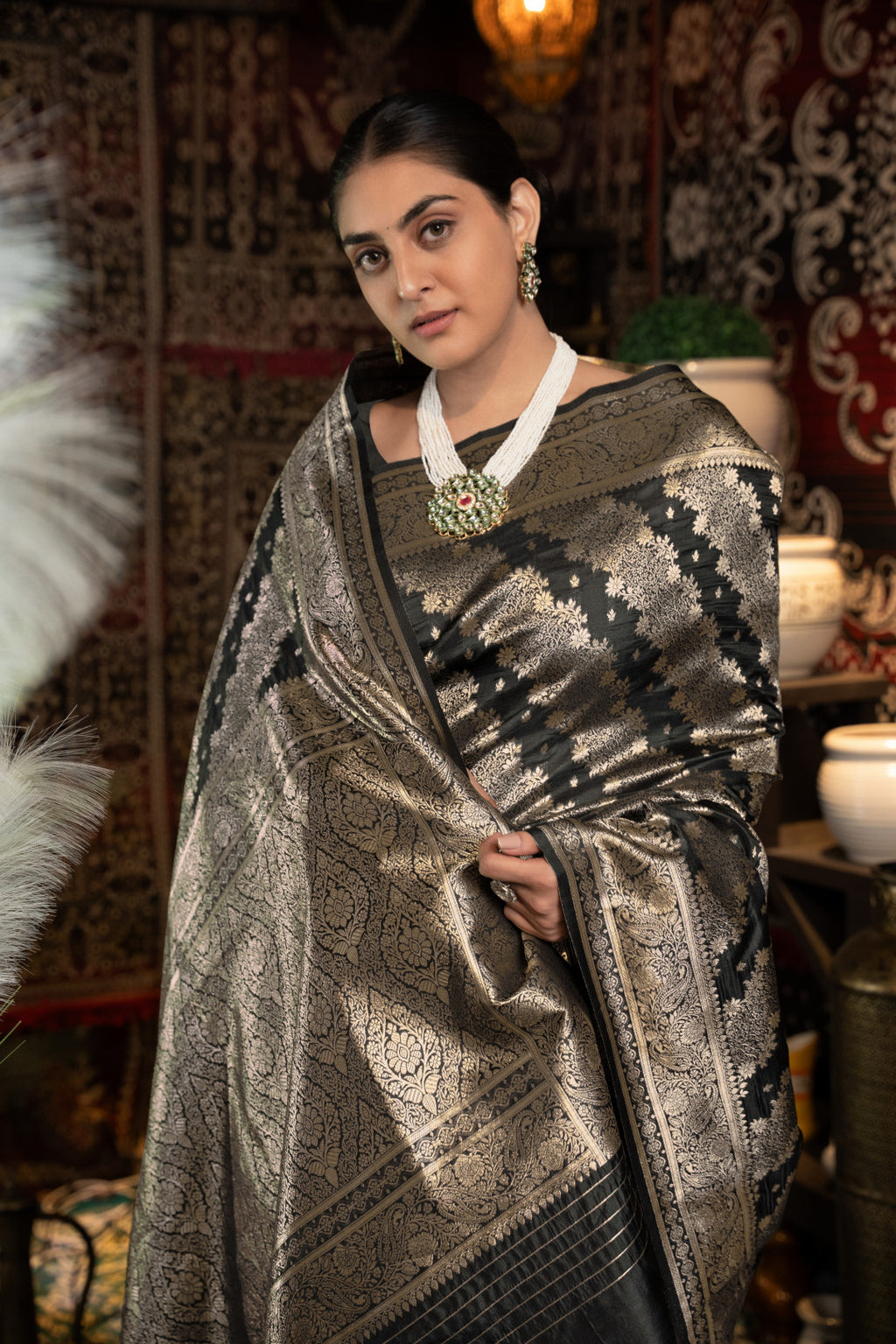 Black banarasi silk saree with zari woven work