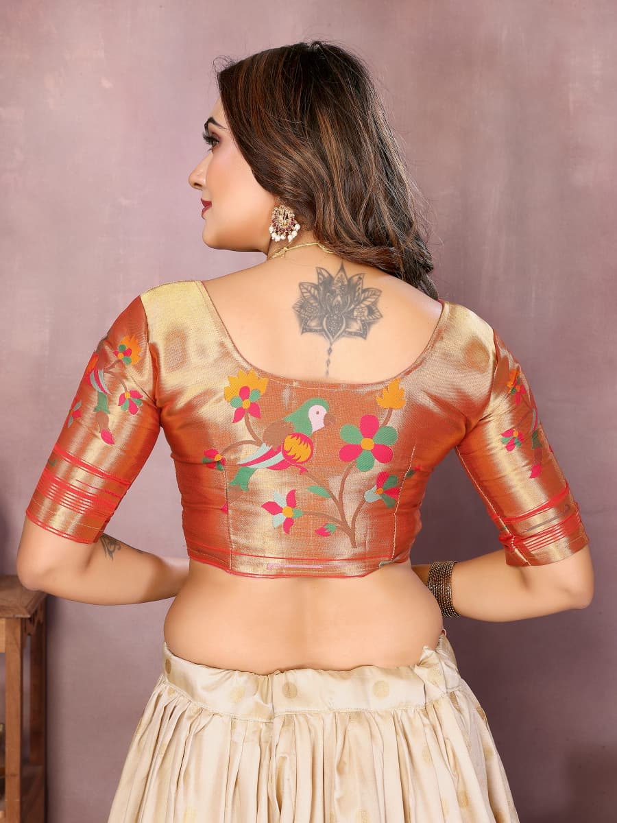 White color jecquard paithani silk lehenga with zari weaving work