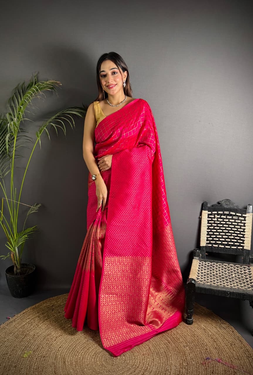 Rani pink color banarasi silk saree with zari weaving work