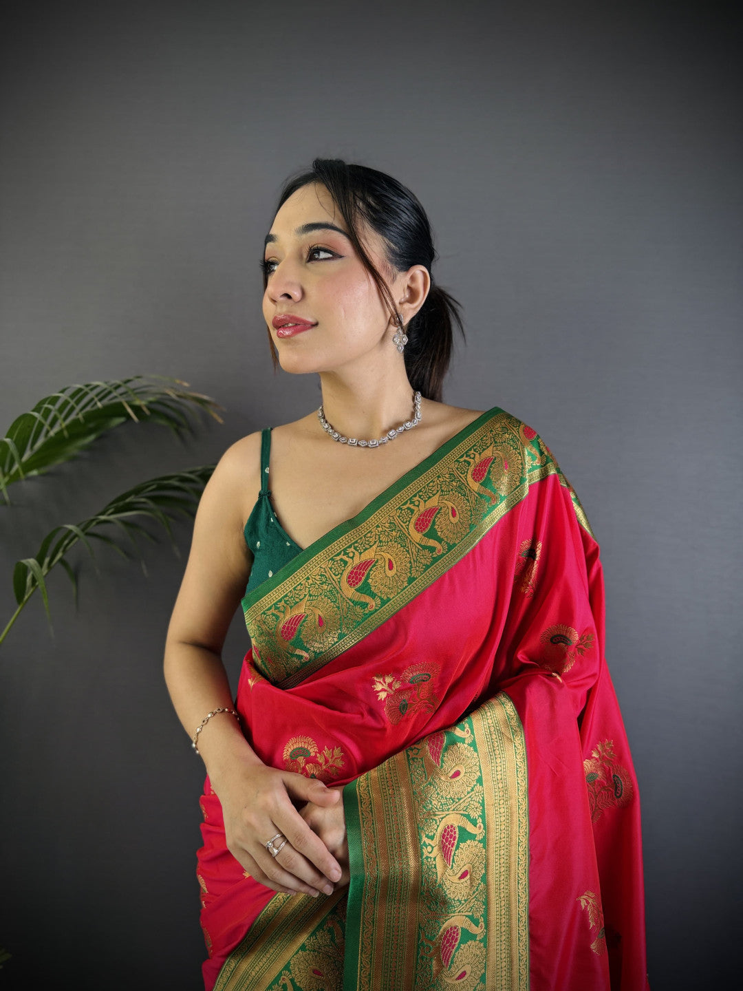 Rani pink traditional banarasi silk saree with zari weaving work