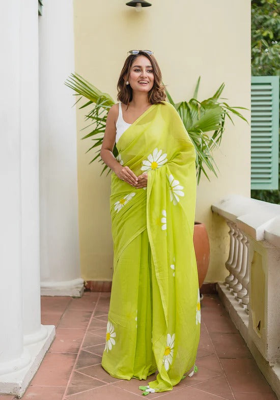 Parrot green fancy khadi cotton saree with flower printed work