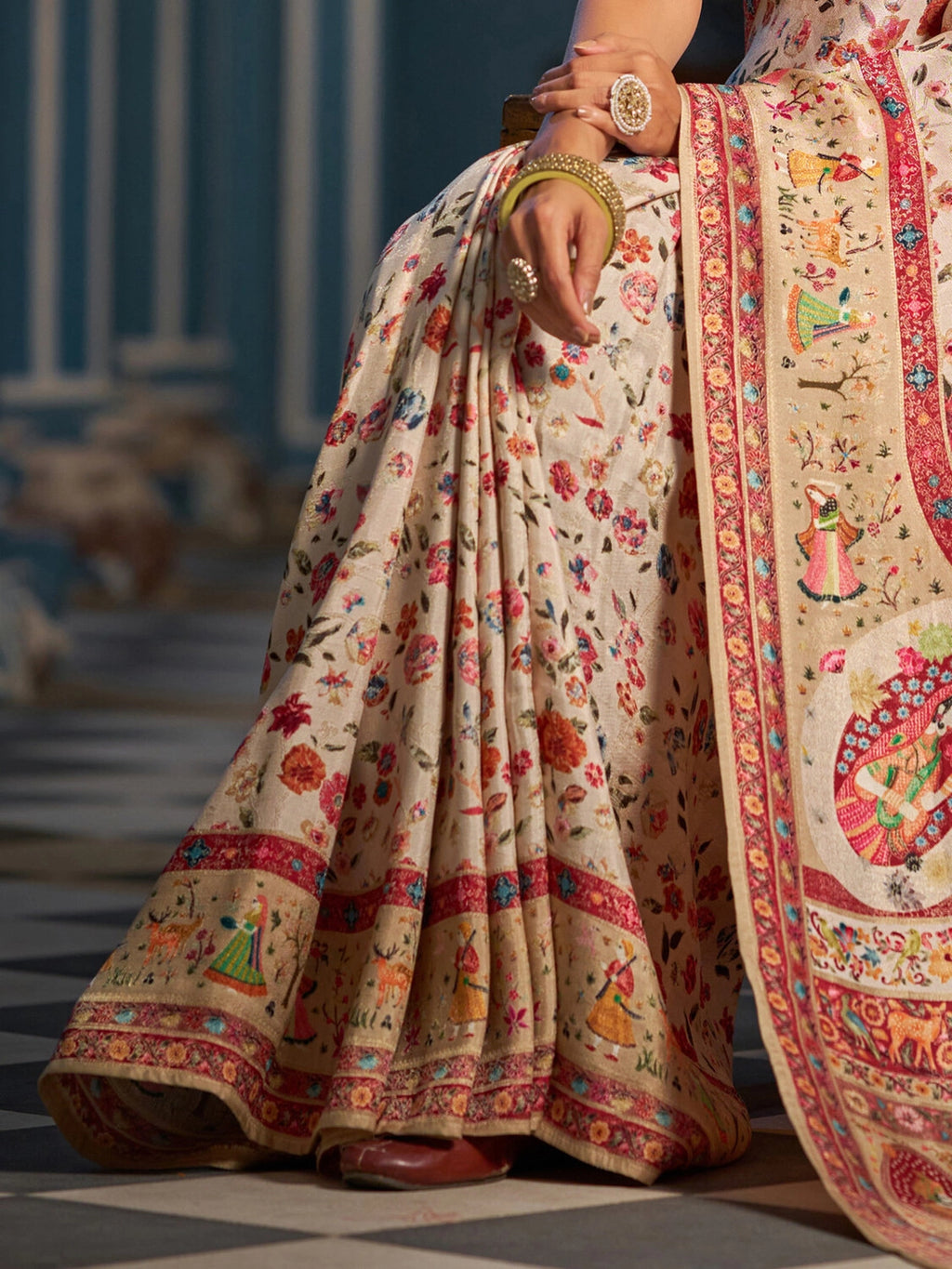 Beige exclusive pure pashmina silk saree with woven design