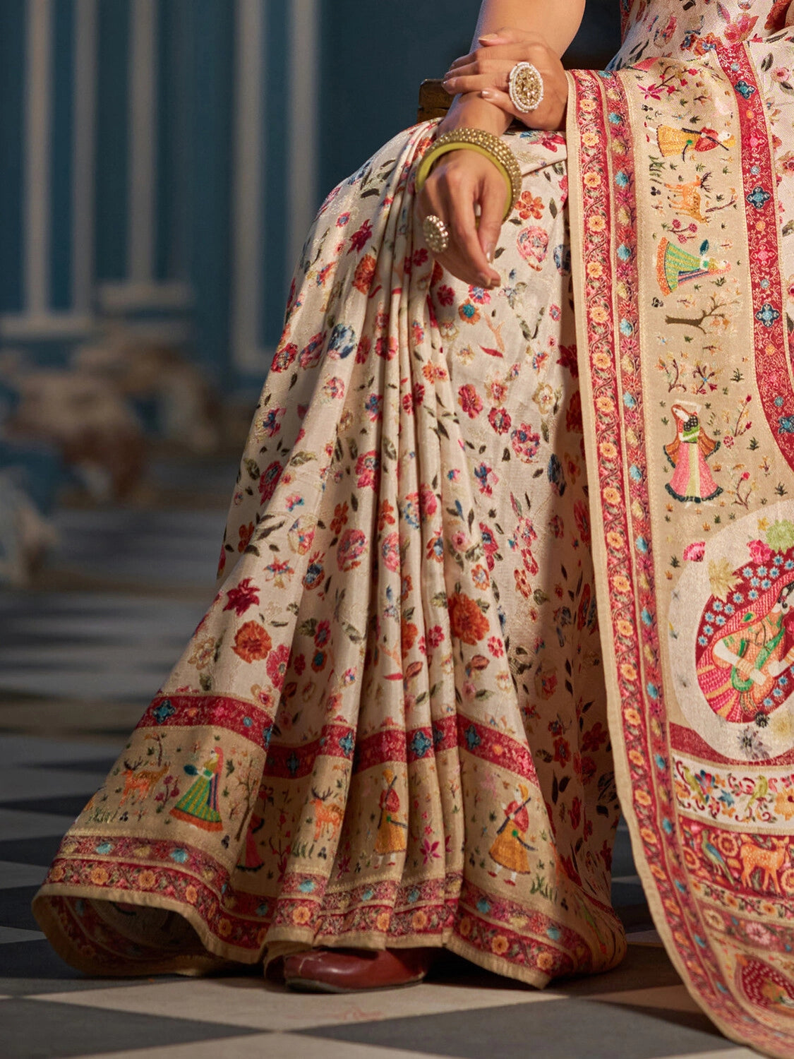 Beige exclusive pure pashmina silk saree with woven design