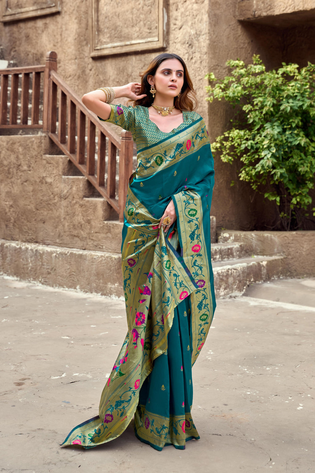 Traditional firoji paithani silk saree with zari weaving work