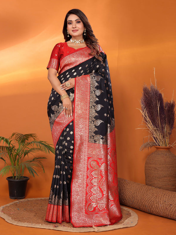 Black traditional banarasi silk saree with zari weaving work