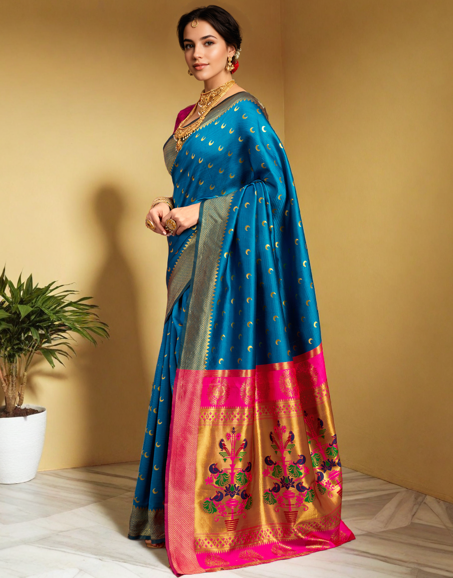 Traditional morpeach chand design paithani silk saree with zari weaving work