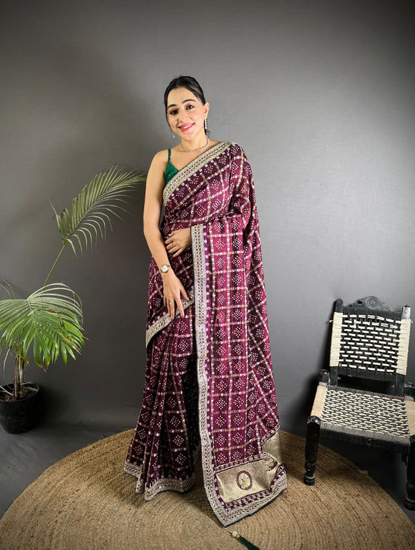 Wine traditional blooming vichitra khadi bandhej silk saree with sequence work