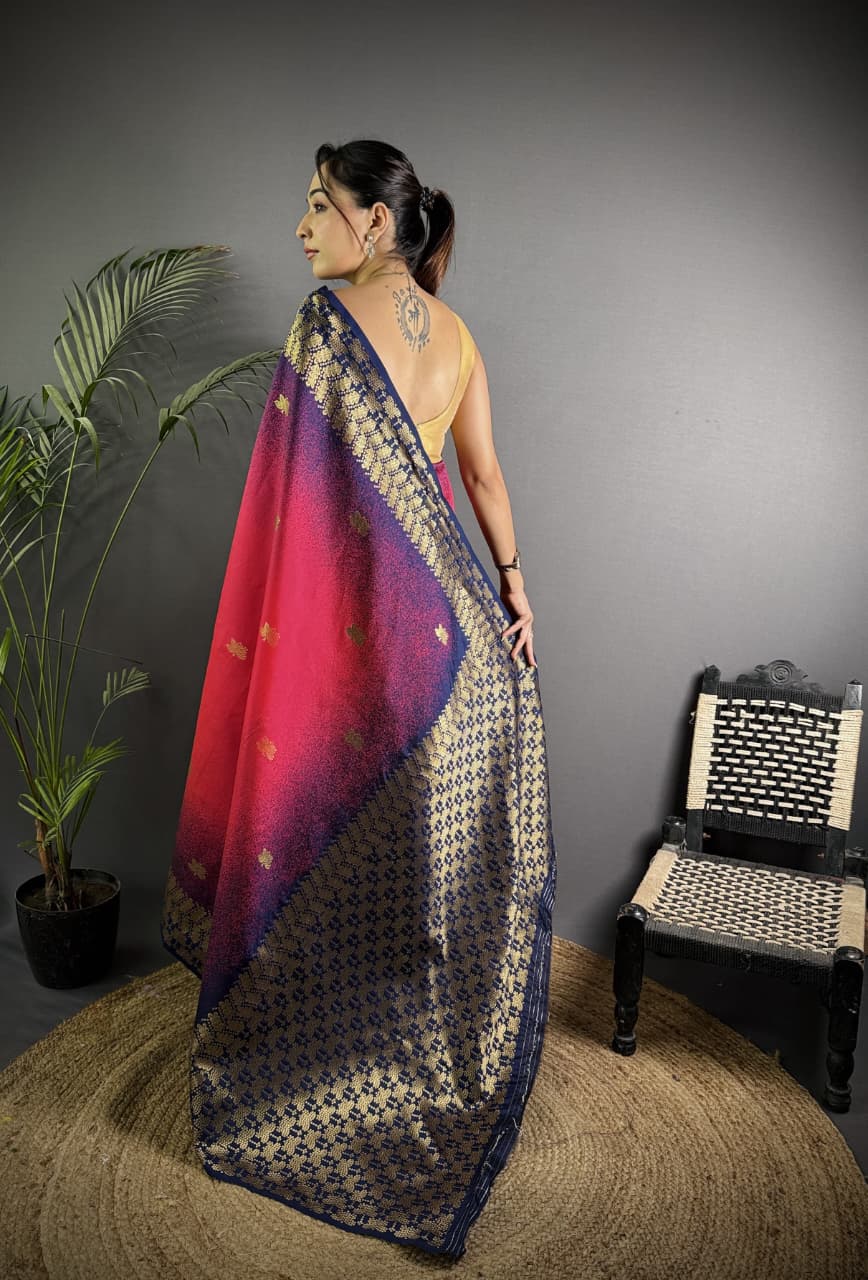 Pink color banarasi silk saree with zari weaving work