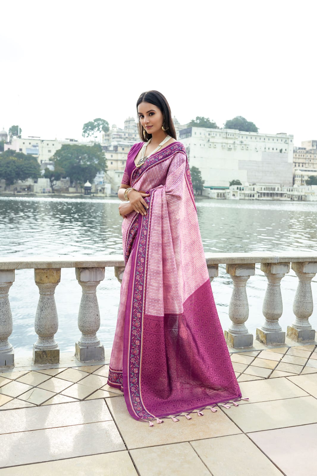 Pink color soft tussar silk saree with zari weaving work