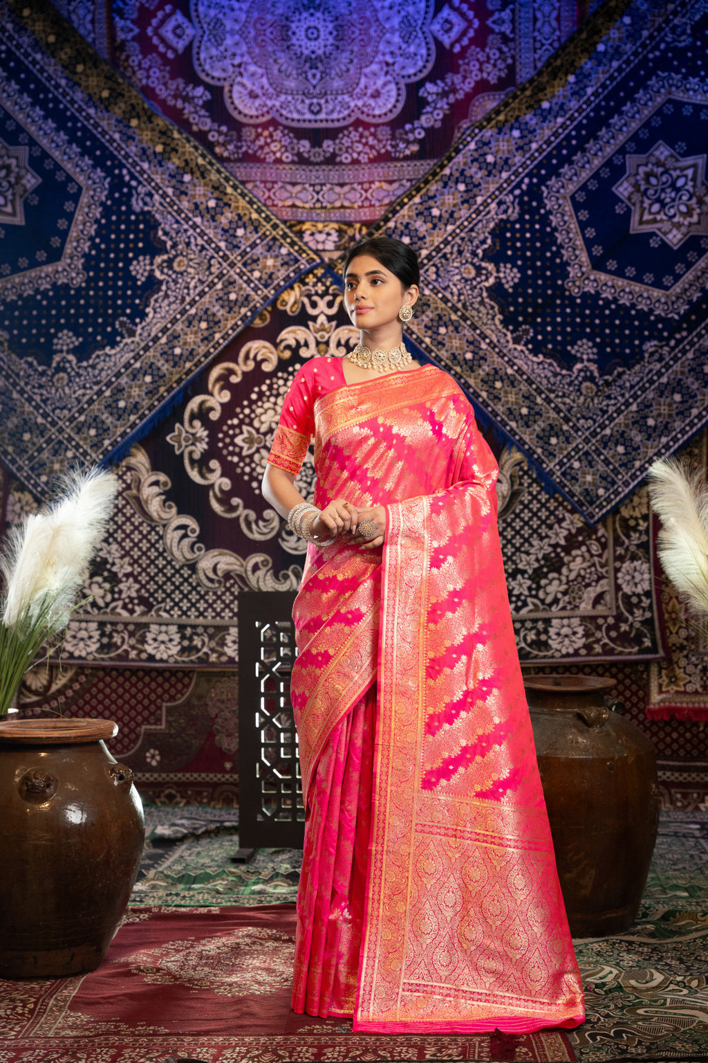 Pink banarasi silk saree with zari woven work