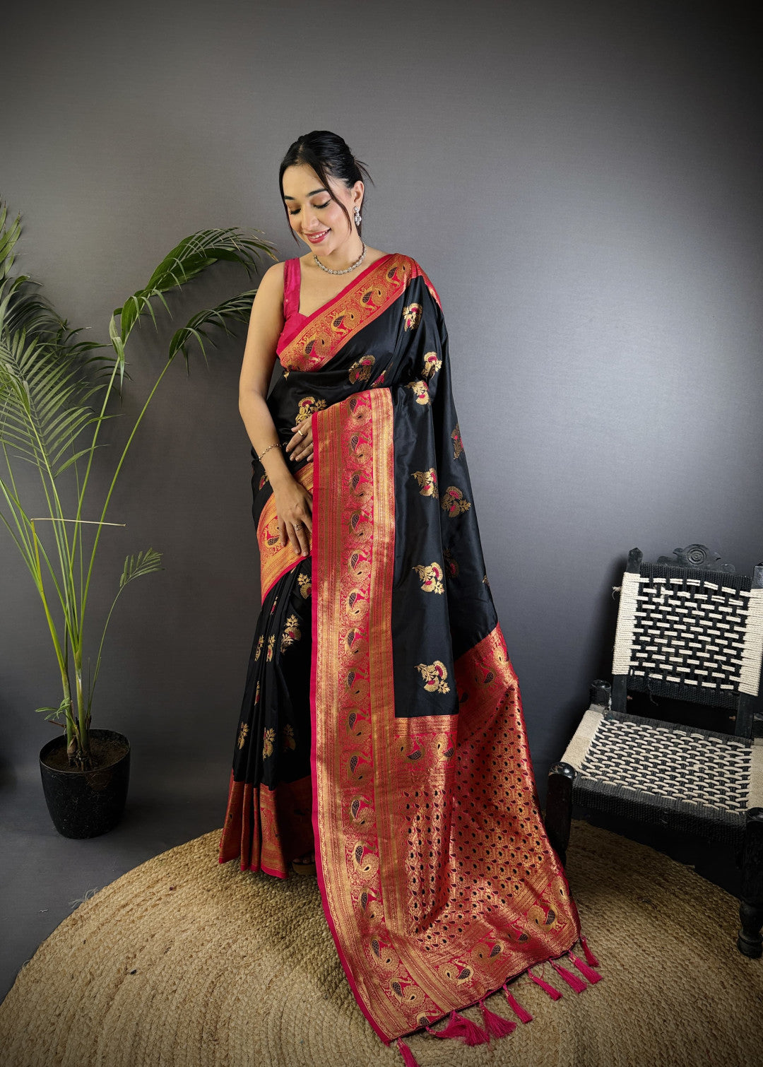 Black traditional banarasi silk saree with zari weaving work