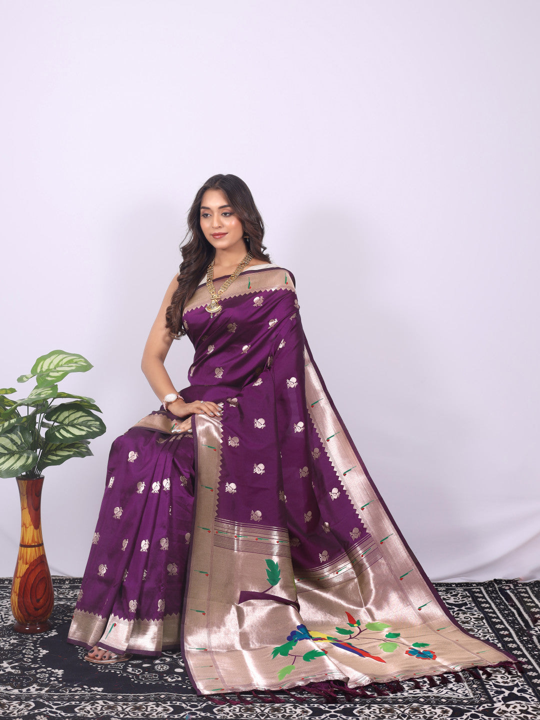 Magenta color paithani silk saree with zari weaving work