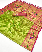 Parrot green soft tissue paithani silk saree with zari weaving work