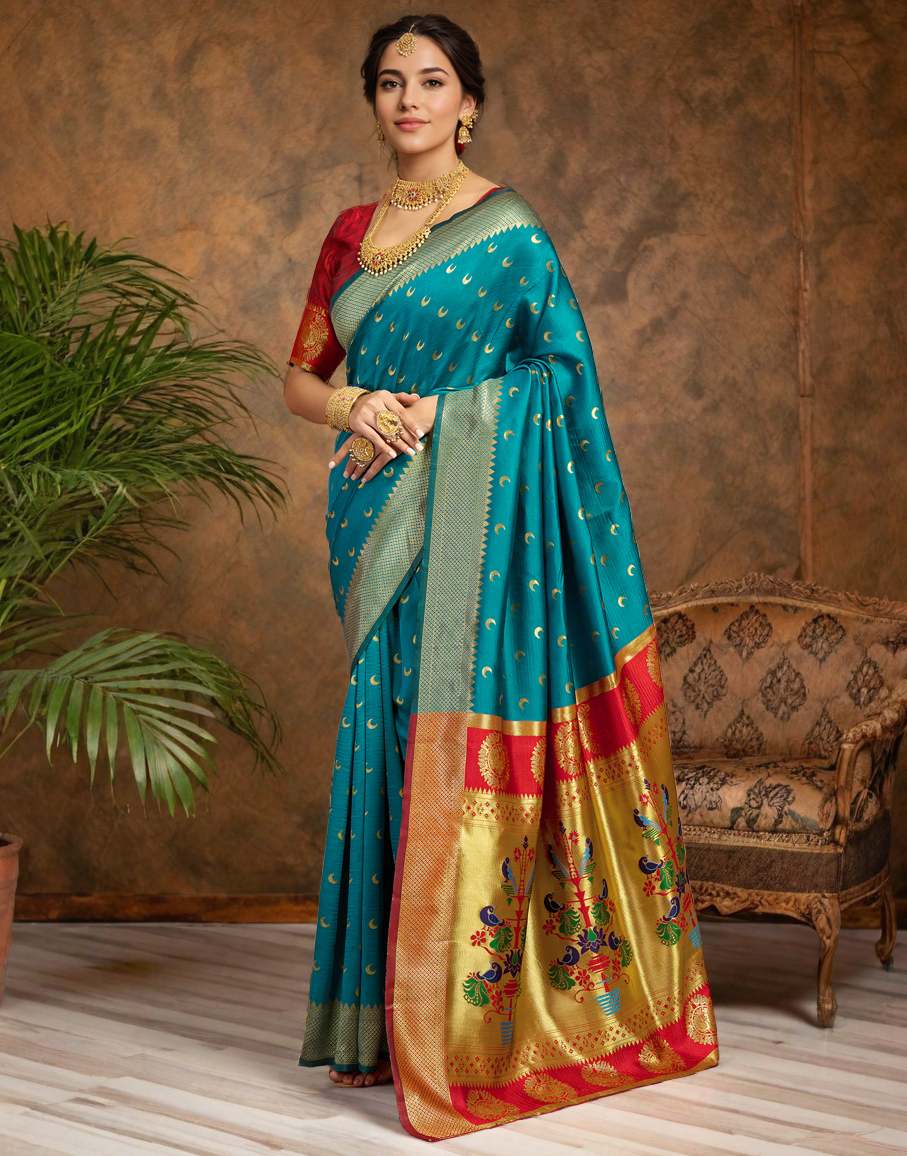 Traditional firoji chand design paithani silk saree with zari weaving work