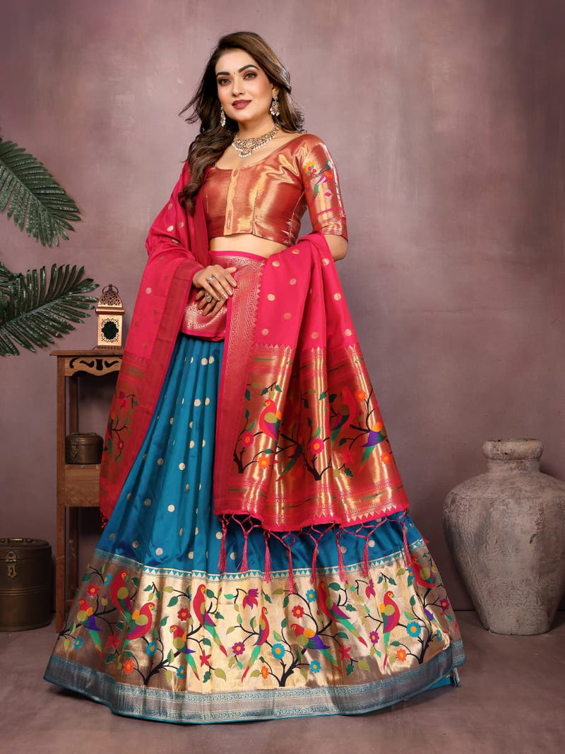 Firoji color jecquard paithani silk lehenga with zari weaving work