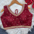 Maroon sequence and embroidery roman silk readymade blouse