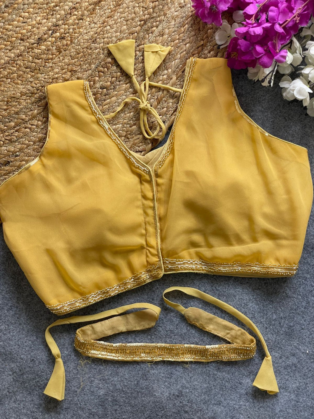 Beige georgette fancy readymade blouse with handwork with Belt