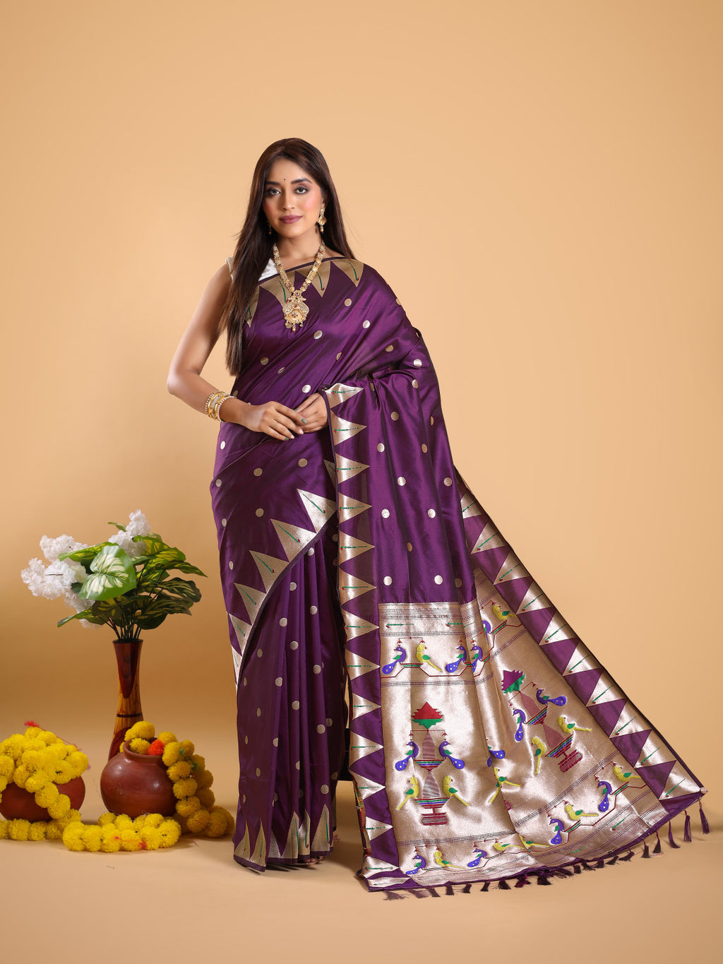 Magenta color paithani silk saree with zari weaving work