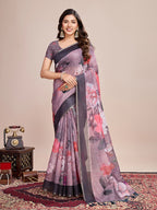 Fancy Multi soft linen cotton saree with floral printed work