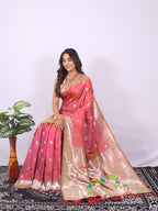 Peach color paithani silk saree with zari weaving work