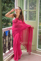 Pink plain khadi cotton saree with fancy tassel work