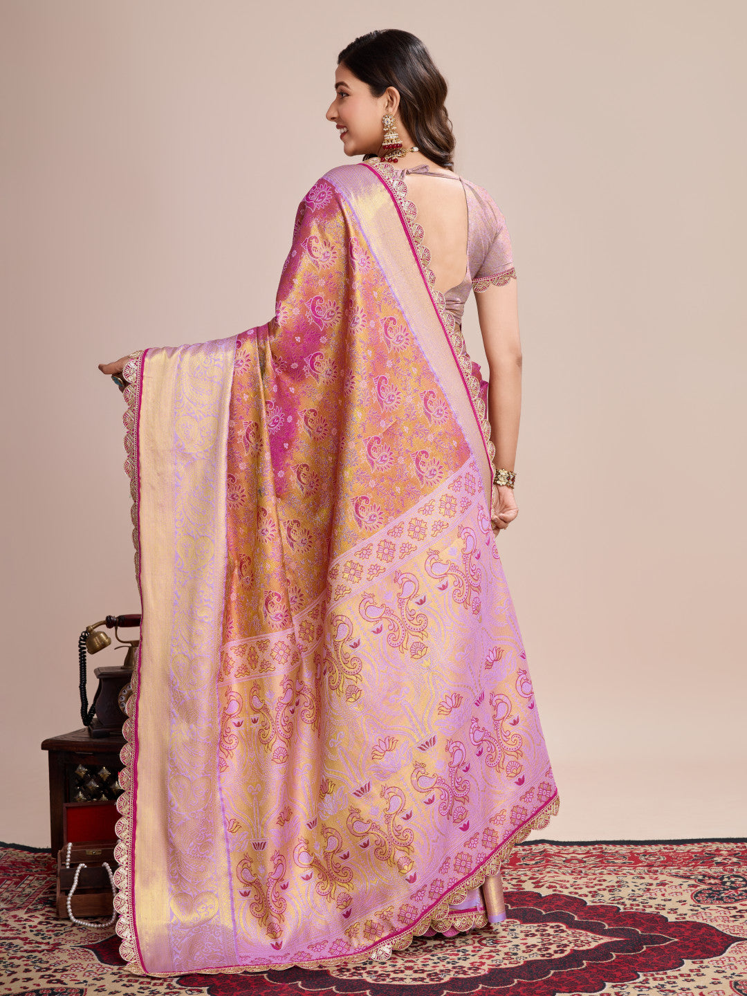 Pink kanjivaram silk saree with zari weaving work