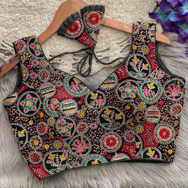 Mahendi green georgette fancy readymade blouse with embroidery and sequence work