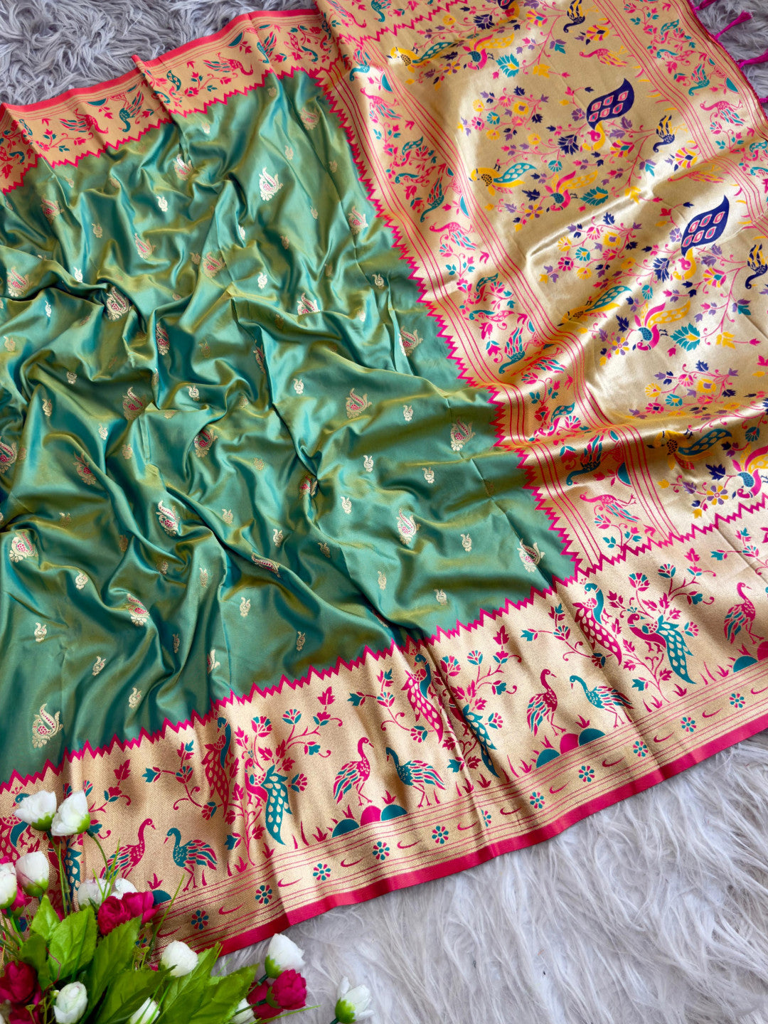 Parrot green traditional paithani silk saree with peacock zari weaving work