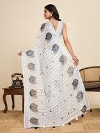 White linen cotton saree with digital printed work and silver zari border