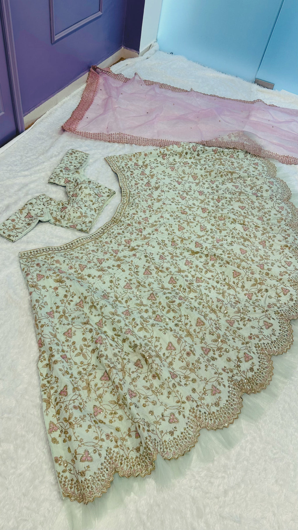 Premium Mulberry Silk Bridal Lehenga with Organza Dupatta & Hand Embellishments