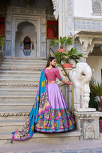 Purple color tussar silk lehenga with meenakari printed work