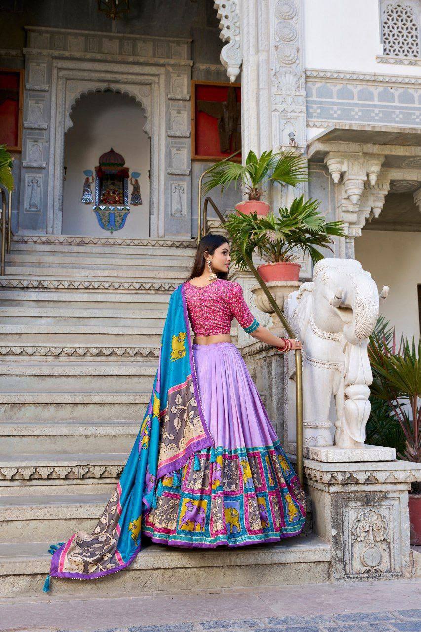 Purple color tussar silk lehenga with meenakari printed work