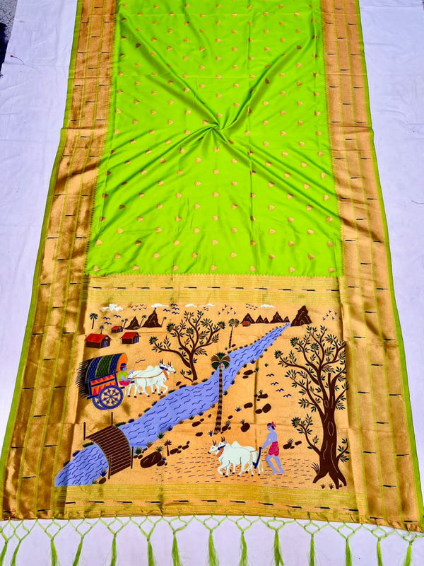Apple green color paithani silk saree with zari weaving work