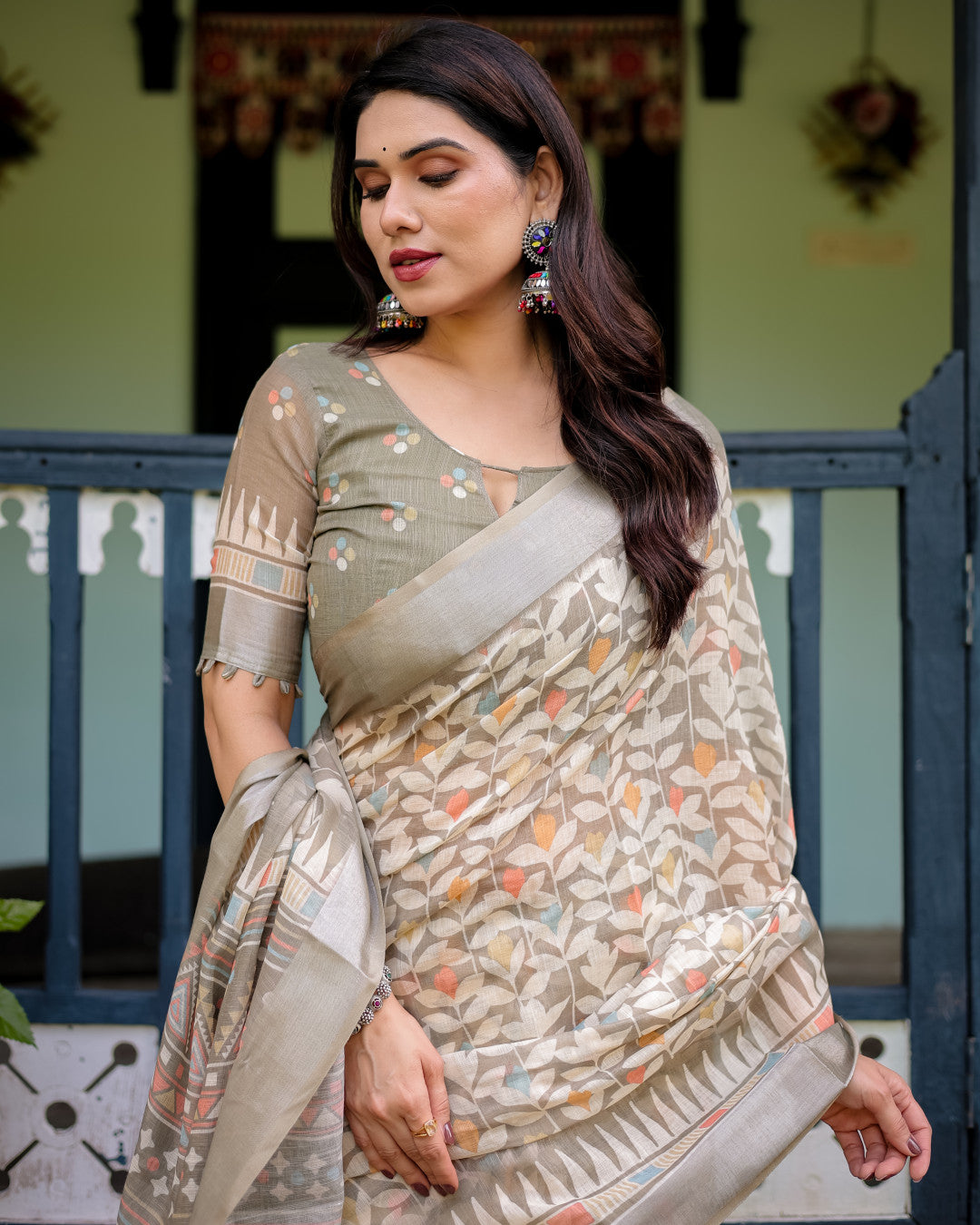 Beige summer special digital printed linen cotton saree