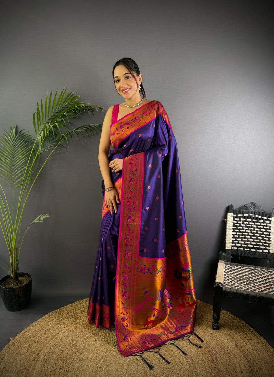 Purple colour paithani silk saree with zari weaving work