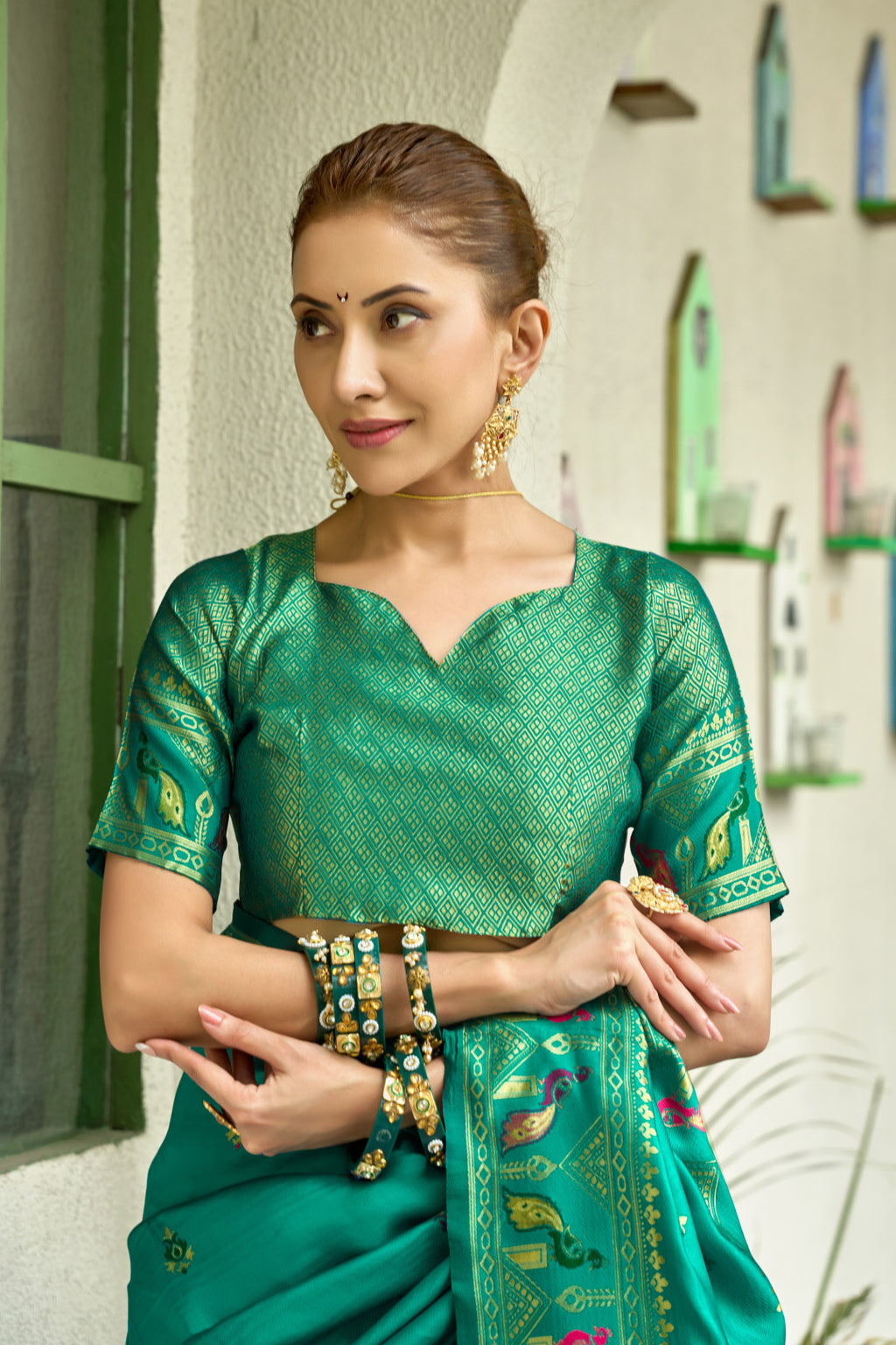 Traditional rama green paithani silk saree with zari weaving work