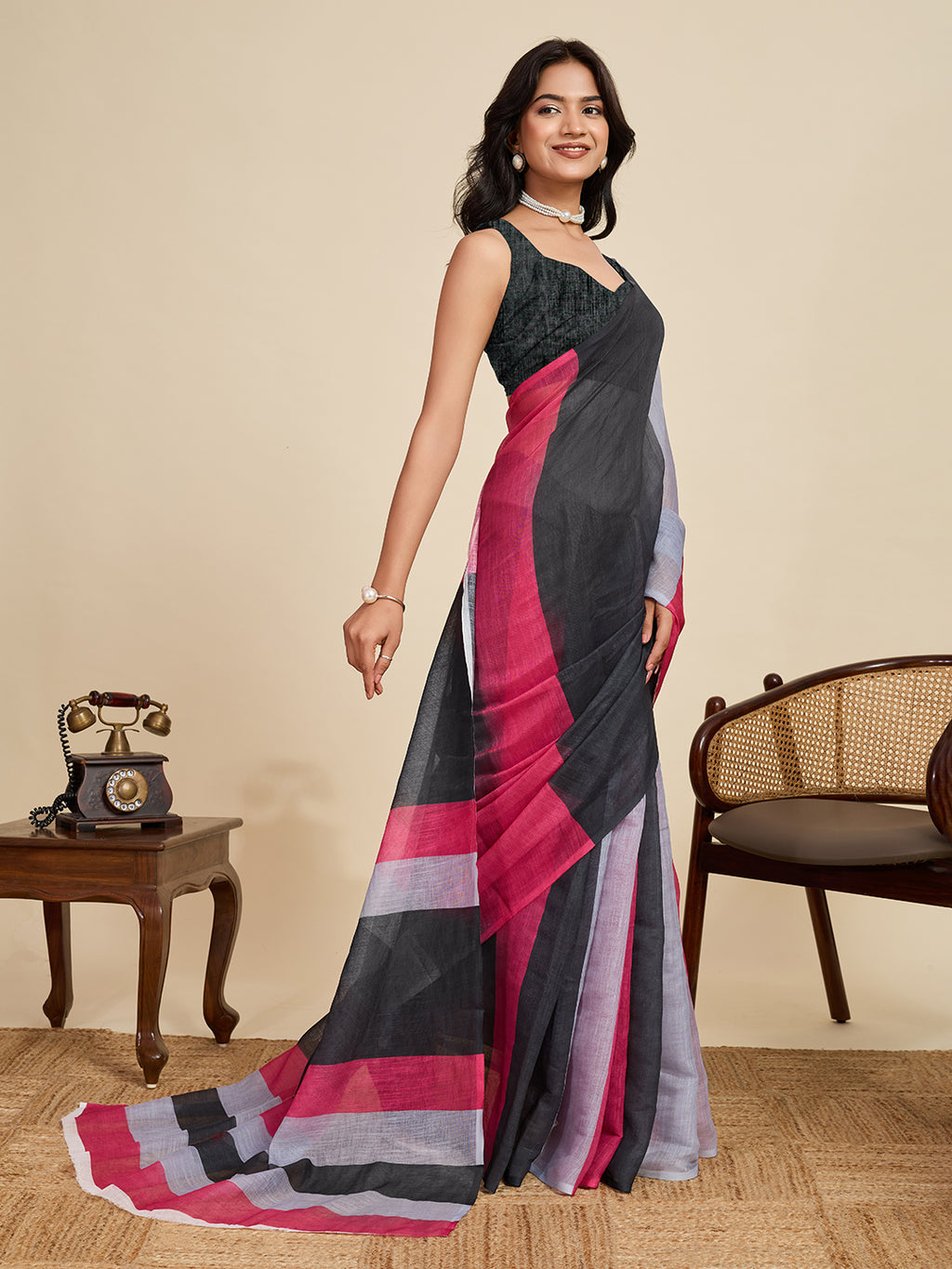 Multi linen cotton saree with digital printed work and silver zari border