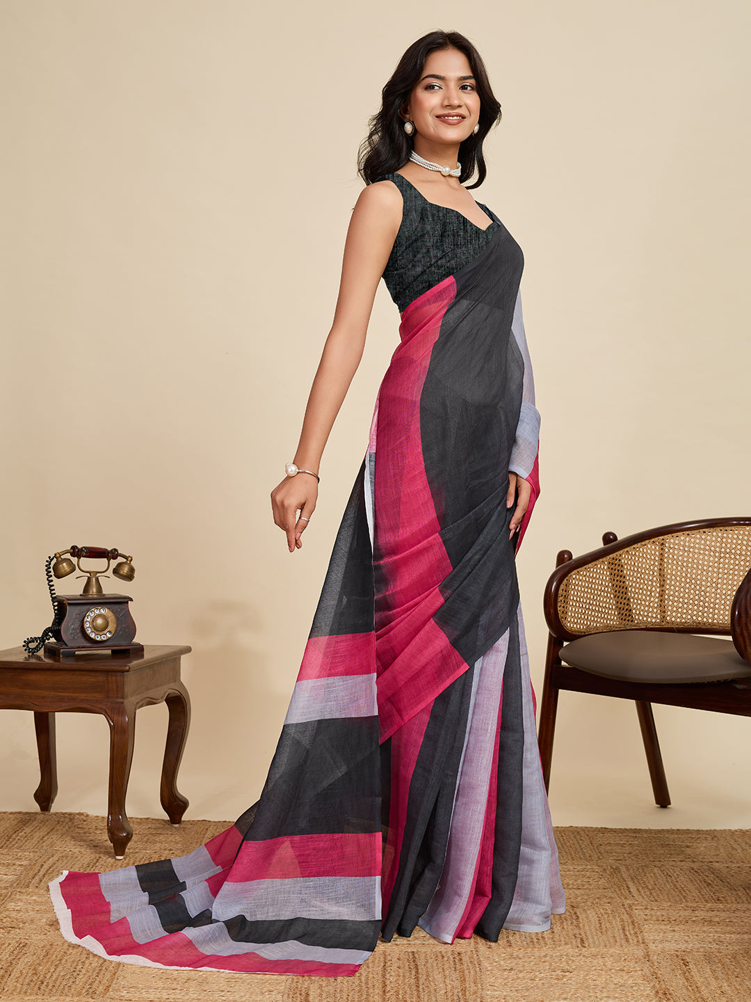 Multi linen cotton saree with digital printed work and silver zari border