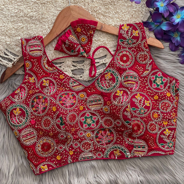 Red georgette fancy readymade blouse with embroidery and sequence work