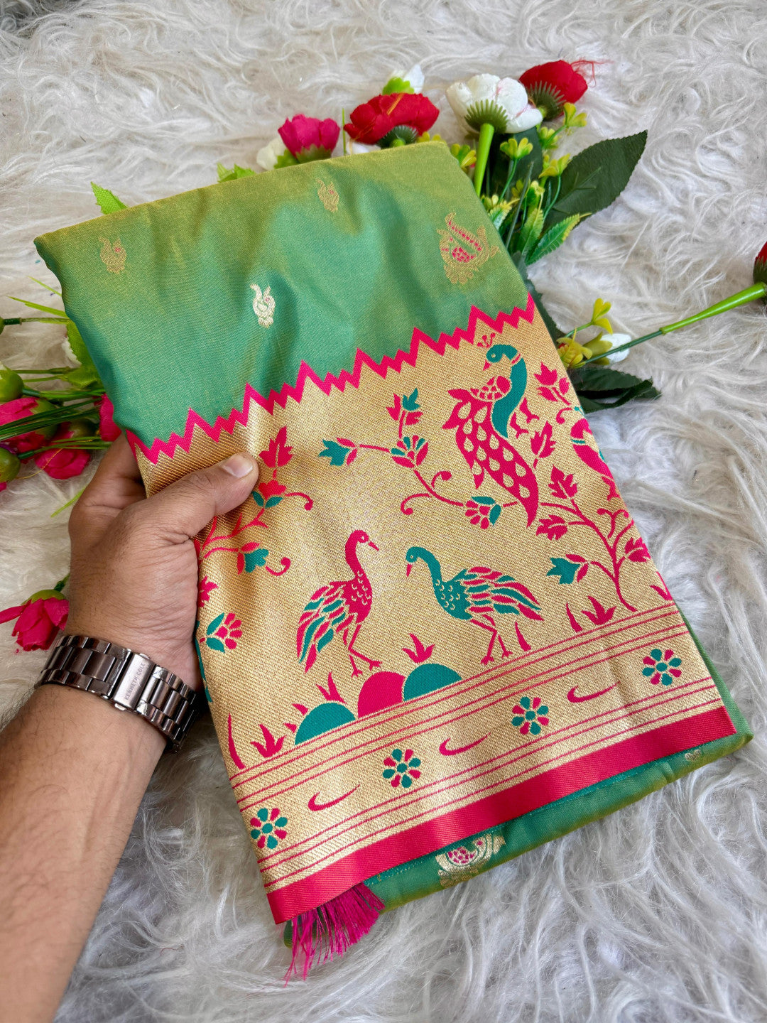 Parrot green traditional paithani silk saree with peacock zari weaving work