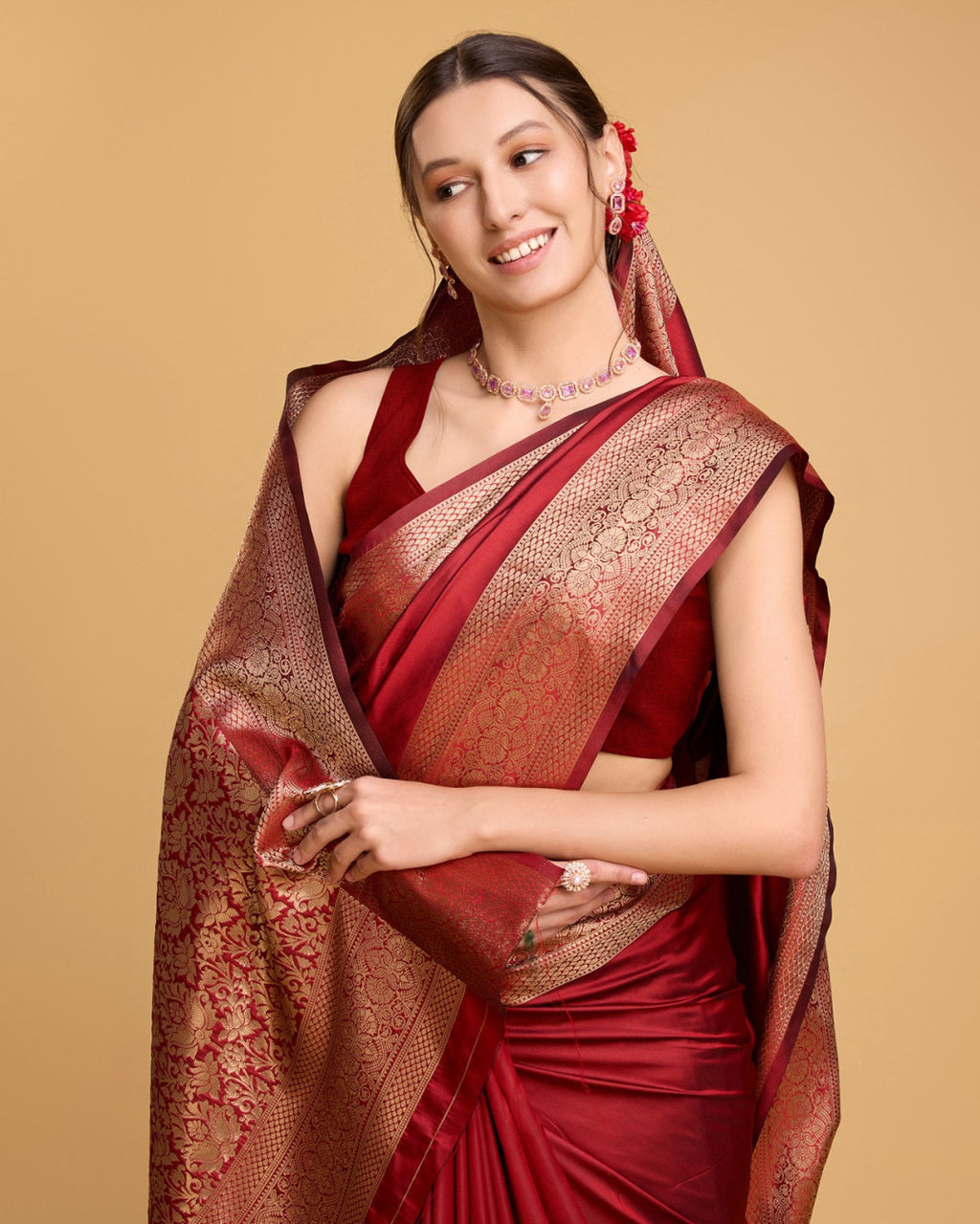 Red color soft kanchipuram silk saree with zari weaving work