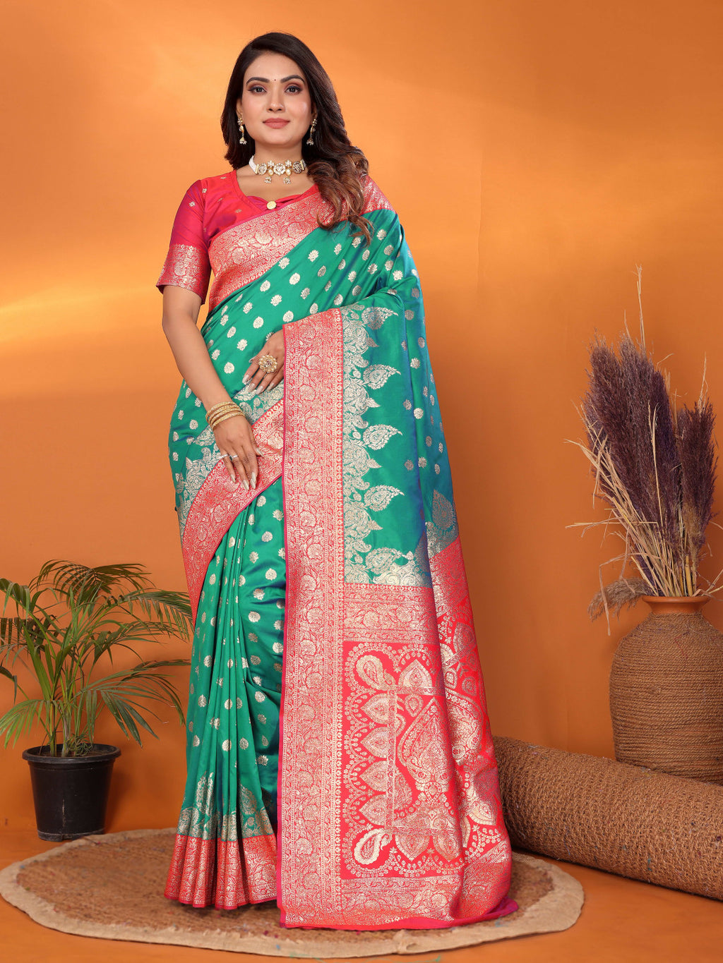 Rama green traditional banarasi silk saree with zari weaving work