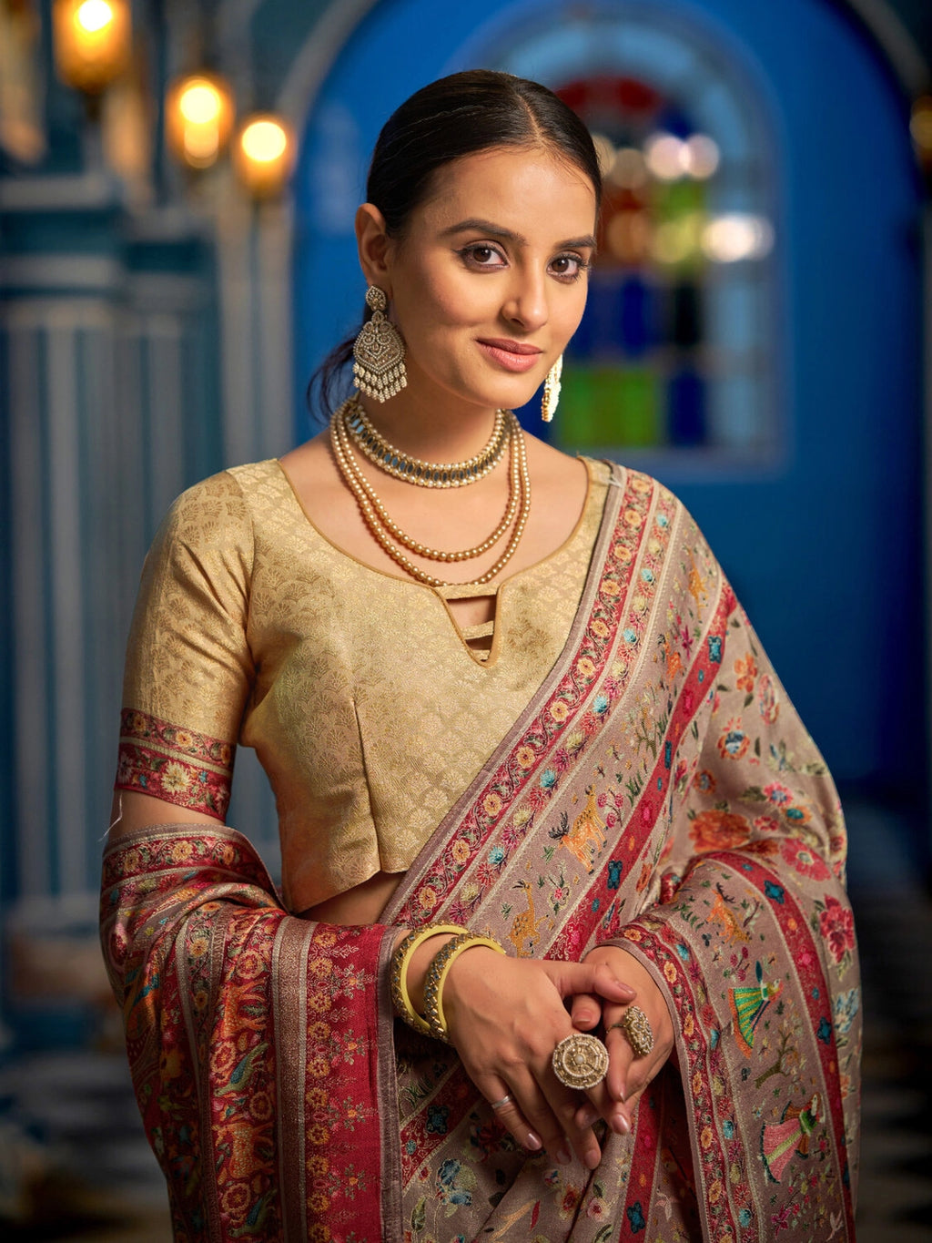 Brown exclusive pure pashmina silk saree with woven design