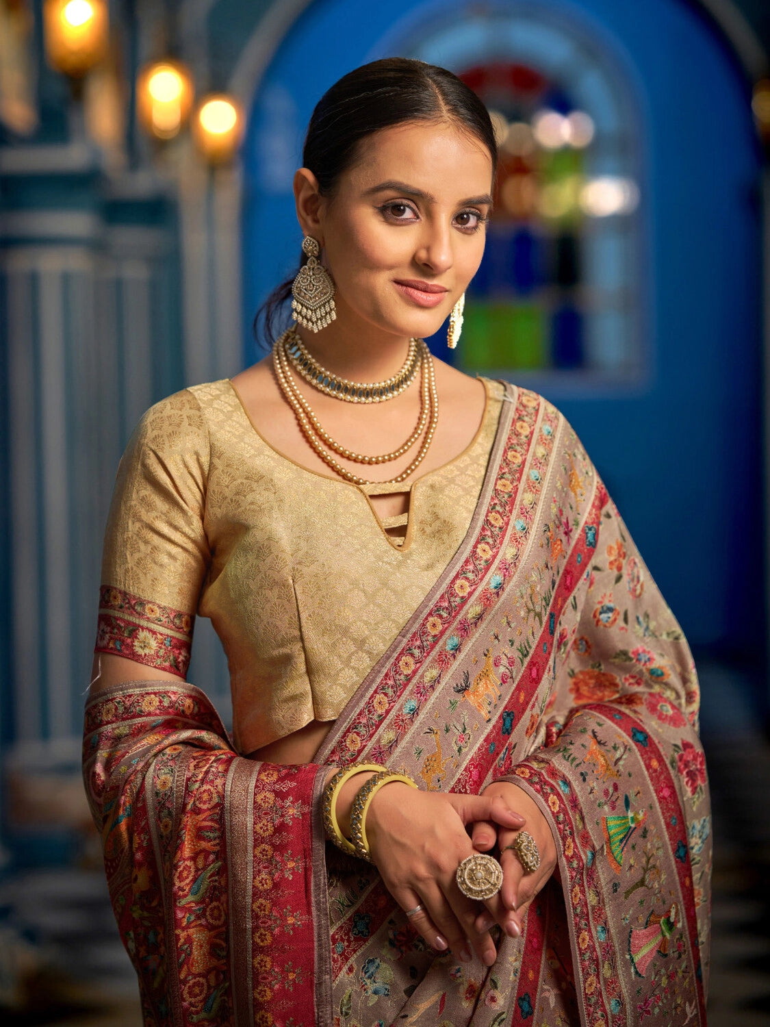 Brown exclusive pure pashmina silk saree with woven design
