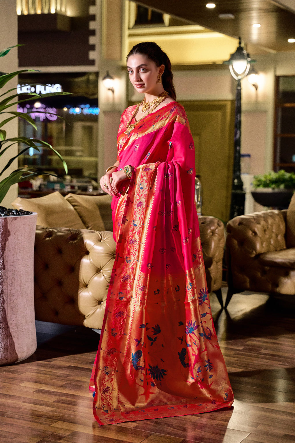 Traditional pink paithani silk saree with zari weaving work