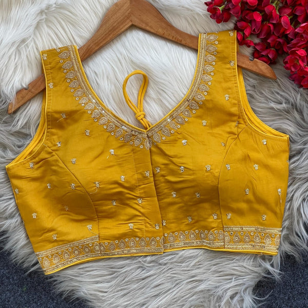 Yellow sequence and embroidery roman silk readymade blouse