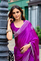 Magenta fancy shimmer chiffon saree with embroidery work